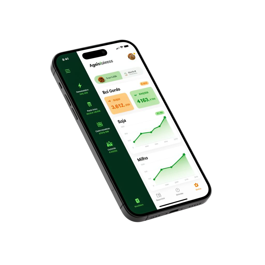 Aplicativo AgroForte exibindo dashboard de cotações em tempo real
